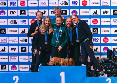 Laval (FRA), 26 October 2025: Luisa GRUBE of Germany, Linda LE BON of Austria, Ivon LAWERENZ of Germany on the podium of the women's Lead B2 final during the IFSC Para Climbing World Cup Laval 2025. Ⓒ Jan Virt/IFSC.